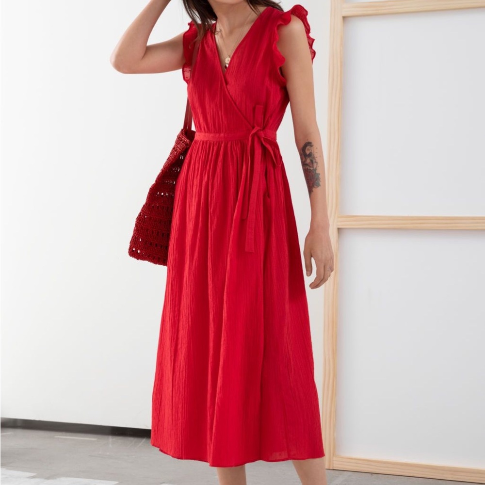 &Other Stories Cotton Crepe Midi Wrap Dress in Red